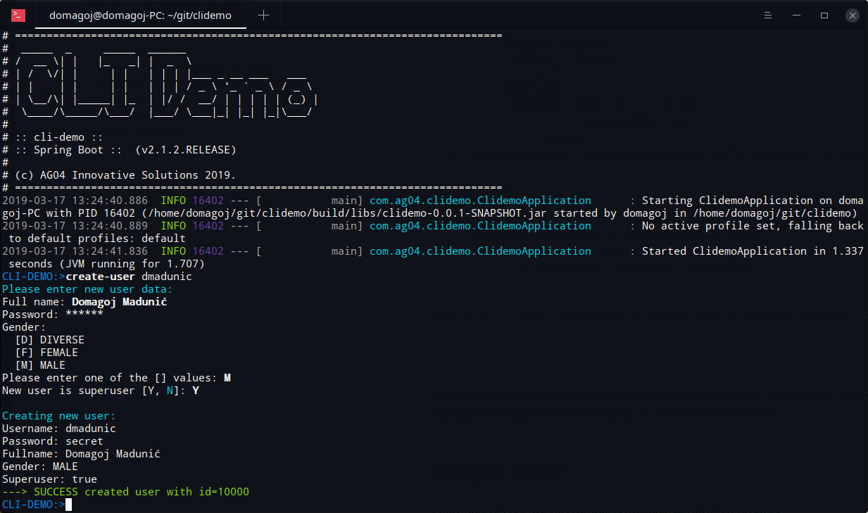Developing CLI Application with Spring Shell user account creation