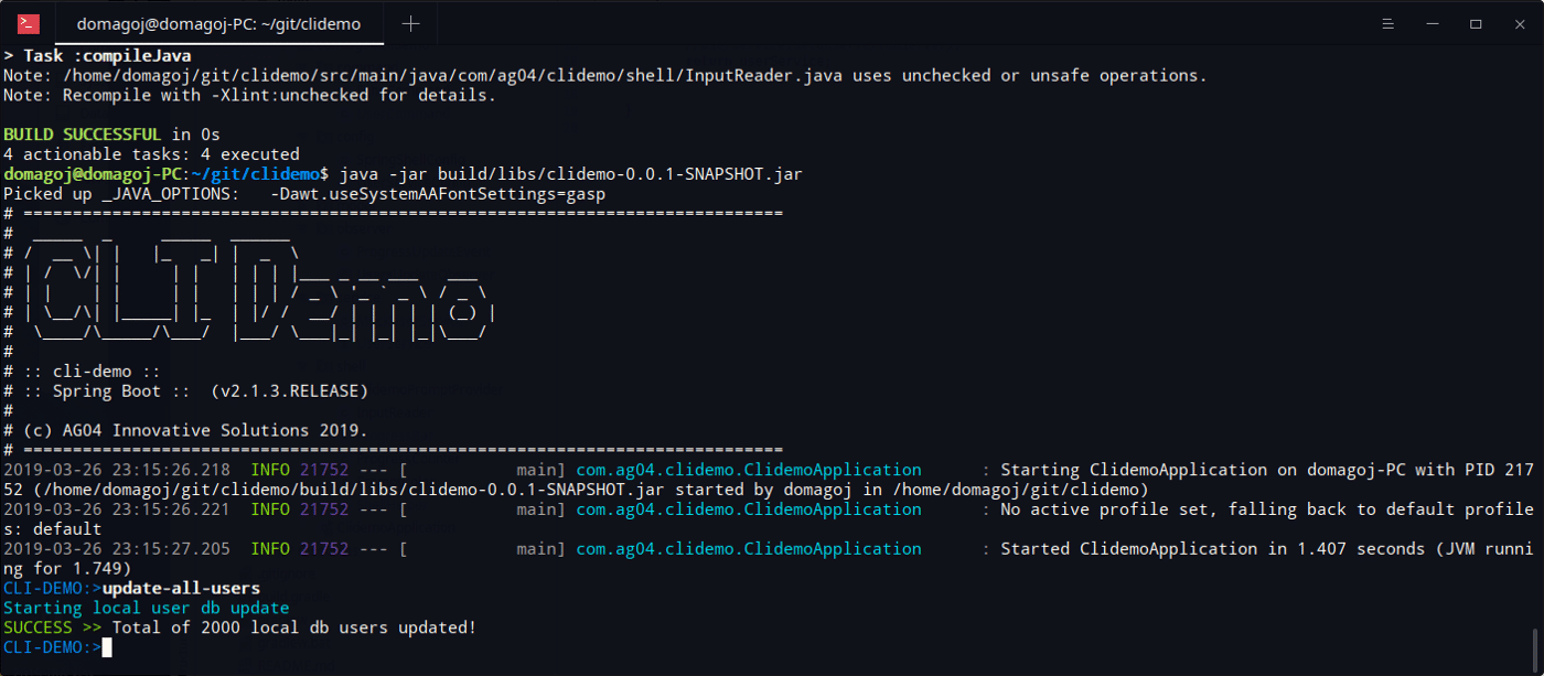 Developing CLI Application with Spring Shell update all users