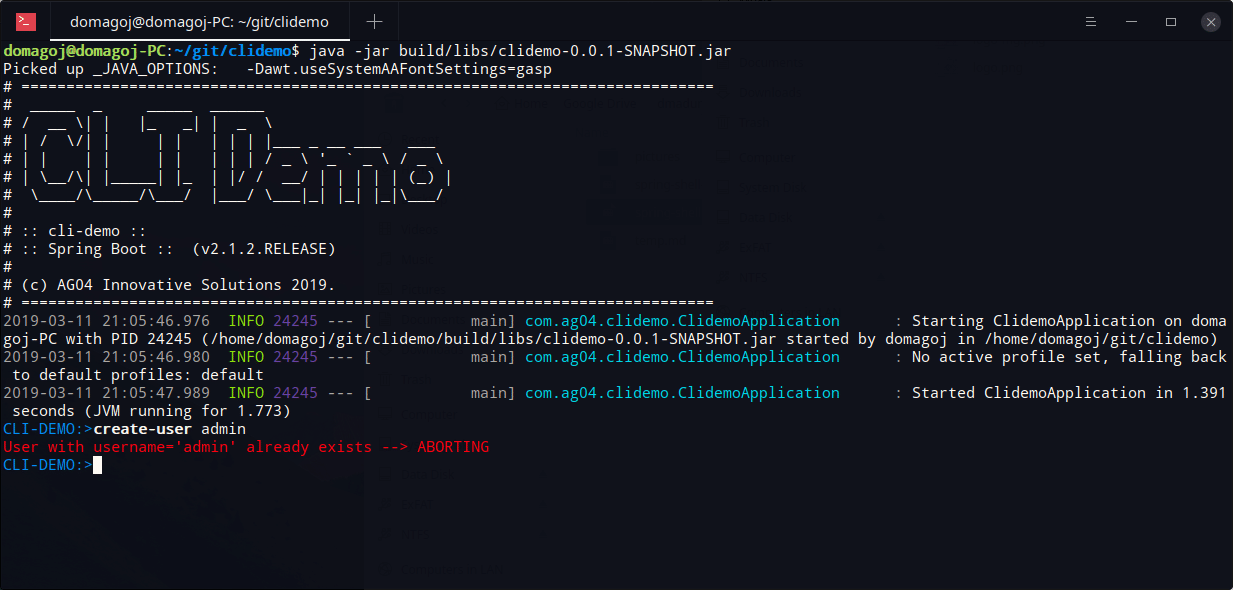 Developing CLI Application with Spring Shell create user command