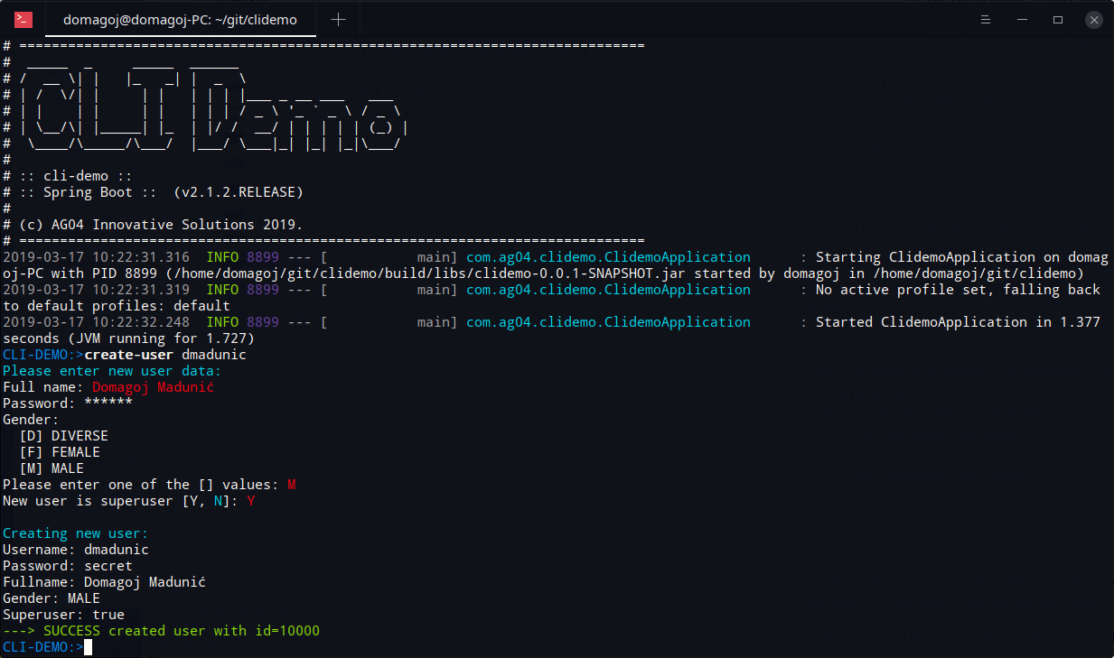 Developing CLI Application with Spring Shell user creation